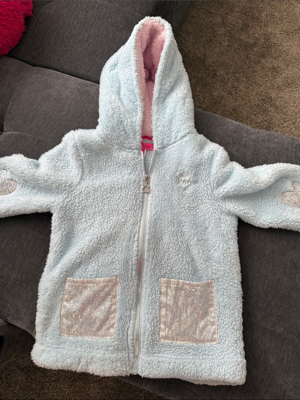 Betsey Johnson Light Blue Sherpa Hoodie with Pink Hood Lining and Sequin Pockets